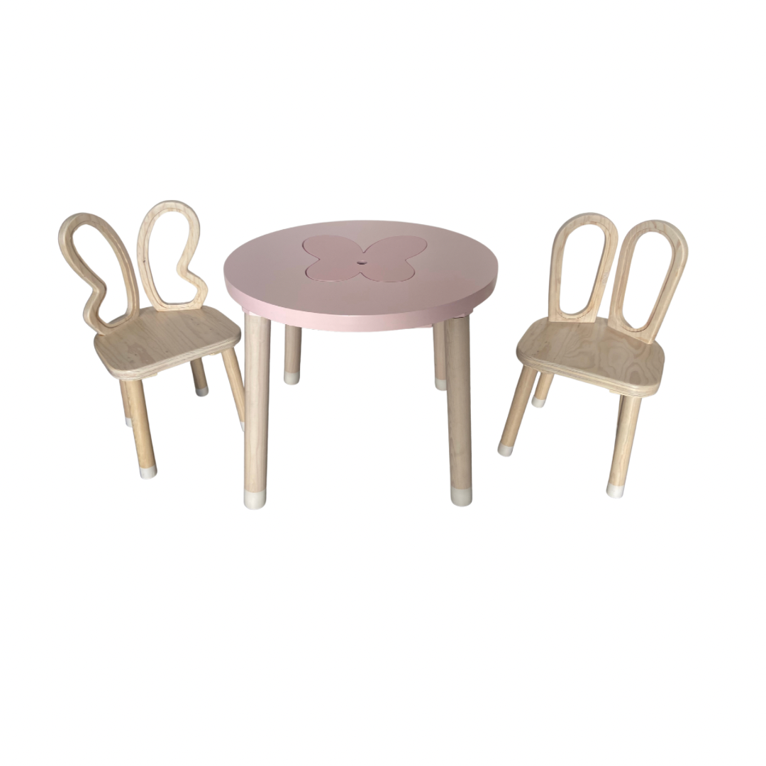 Mesa de mariposa con dos sillas de madera