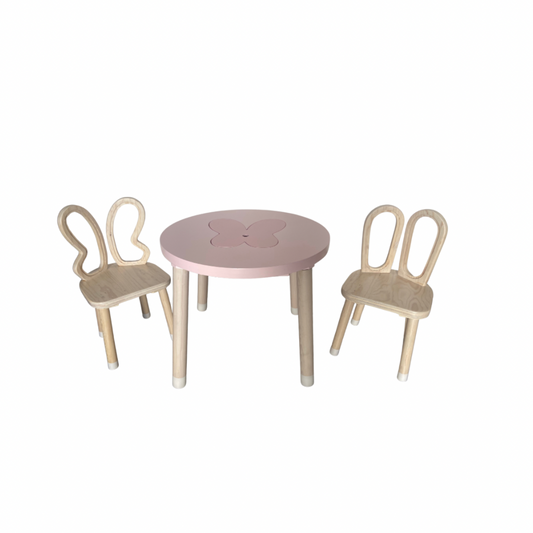 Mesa de mariposa con dos sillas de madera